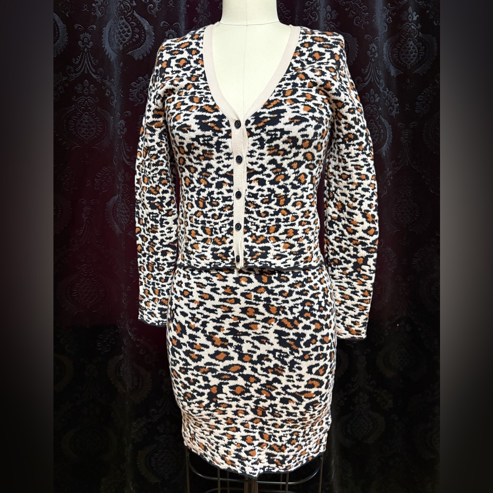 Urban Outfitters Brown & Black Leopard Knit Cardigan and Skirt Set